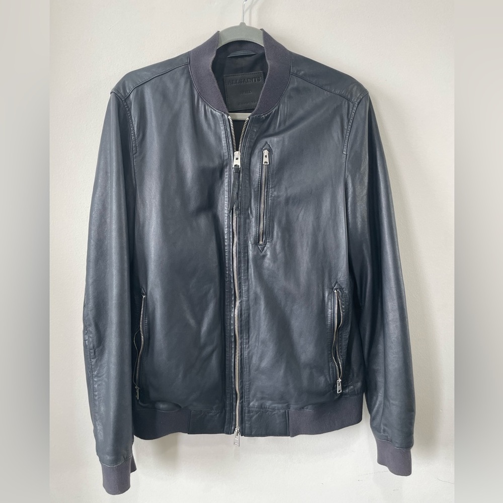AllSaints Kino Leather Bomber. Navy Blue colour.